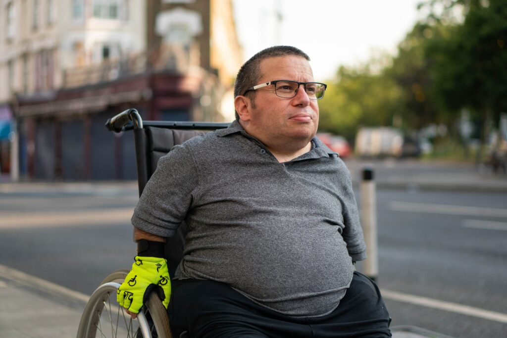 Man in a wheelchair in an outdoor setting