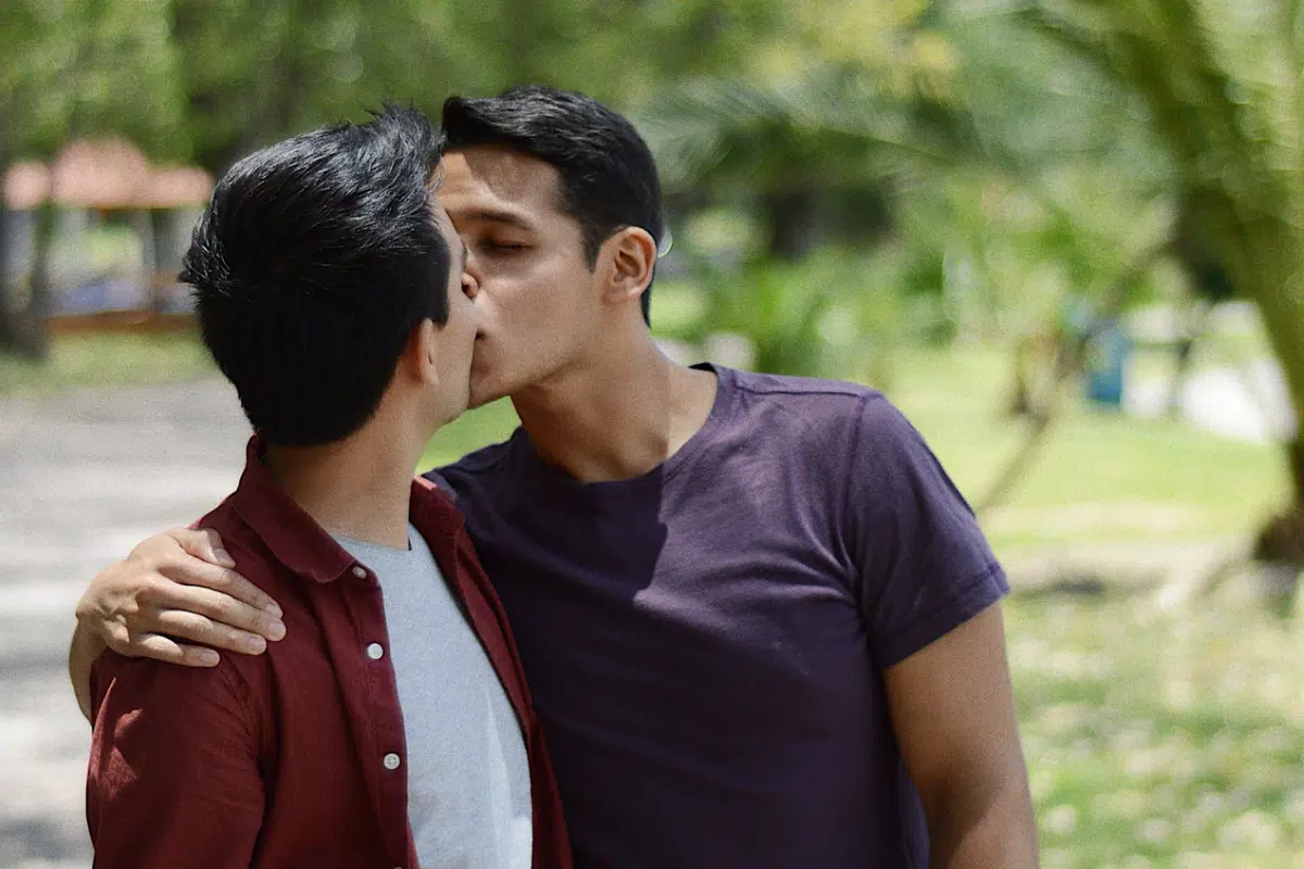 A couple kissing in a park